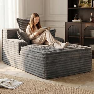 Boneless Chaise Lounge Couch Indoor, Small Corduroy Upholstered Sleeper Sofa Bed Reading Chairs with 3 Pillows, Fluffy Comfy Cloud Sofas Couches, Compression Boneless Sofa for Small Corner, 57''