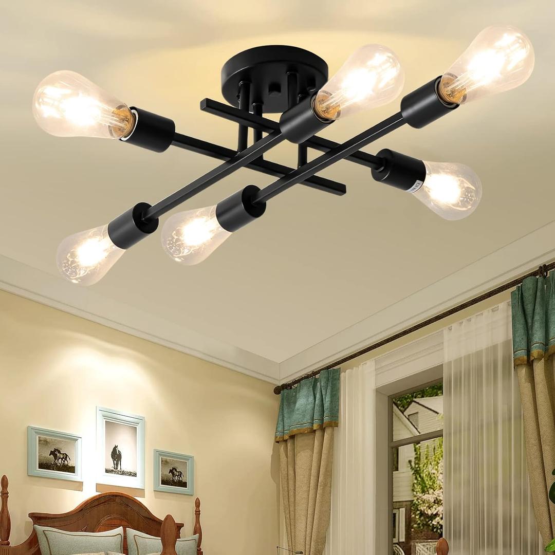 Industrial 6-Lights Semi Flush Mount Ceiling Light, Farmhouse Close to Ceiling Light Fixture, Modern Kitchen Sputnik Chandelier for Bedroom, Bathroom, Dining Room, Living Room, Matte Black
