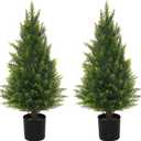 Artificial Topiary Tree Two 2.3ft Faux Bushes Potted Plants UV Resistant Artificial Cedar Trees for Outdoor Indoor Front Porch Garden (2.3 feet)