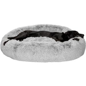 Furhaven 45" Round Calming Donut Dog Bed for Large Dogs, Refillable w/ Removable Washable Cover, For Dogs Up to 90 lbs - Shaggy Plush Long Faux Fur Donut Bed - Mist Gray, Jumbo/XL, 45.0"x45.0"x9.0"