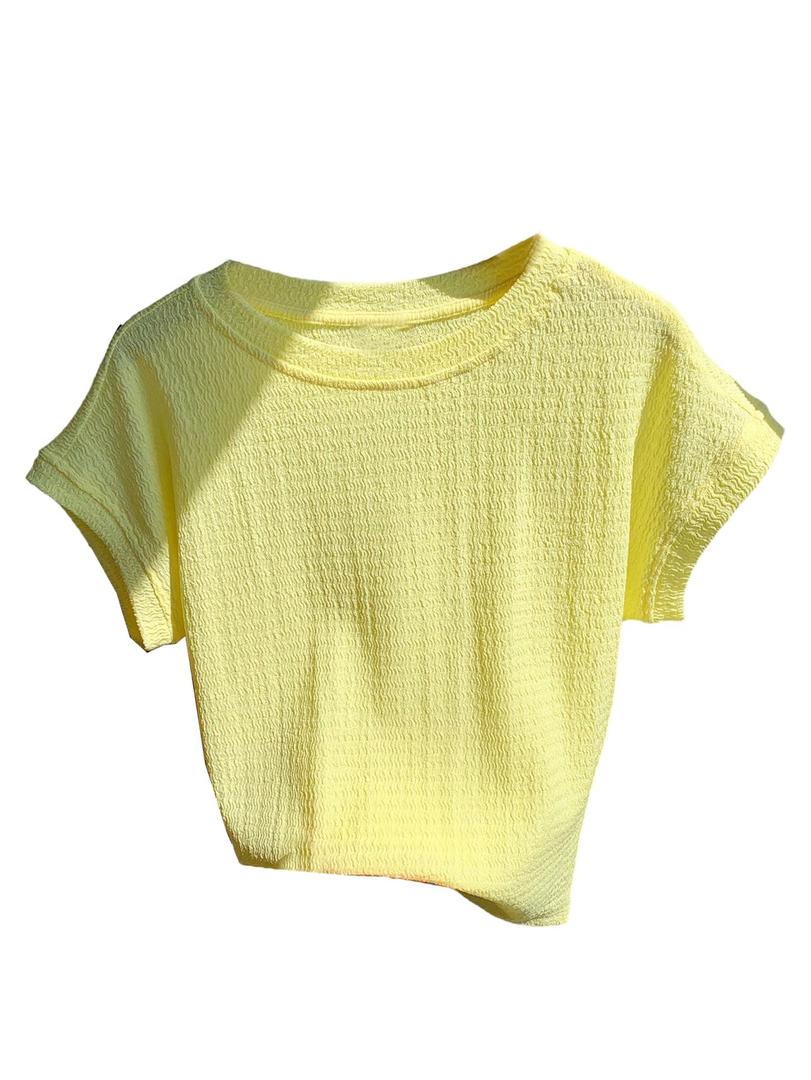 RoseSeek Women's Textured Tops Crew Neck Short Sleeve T Shirts Casual Summer Tops Yellow Medium (Yellow, M)