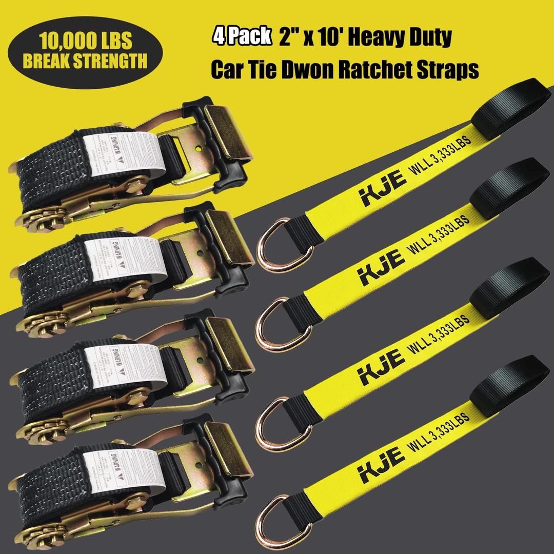 KJE 4 Pack Car Tie Down Straps for Trailers  Tire Ratchet Strap with Flat Hooks  2" x 10' 10,000LBS Break Strength  Lasso Style Wheel Straps for Hauling UTV, SUV, Any Cars
