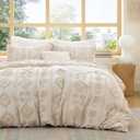 Bedsure Boho Duvet Cover Queen Size - Beige Tufted Boho Bedding, Farmhouse Shabby Chic Embroidery Bedding for All Seasons, 3 Pieces, 1 Soft Jacquard Queen Comforter Cover and 2 Pillow Shams (Queen (90" x 90"))