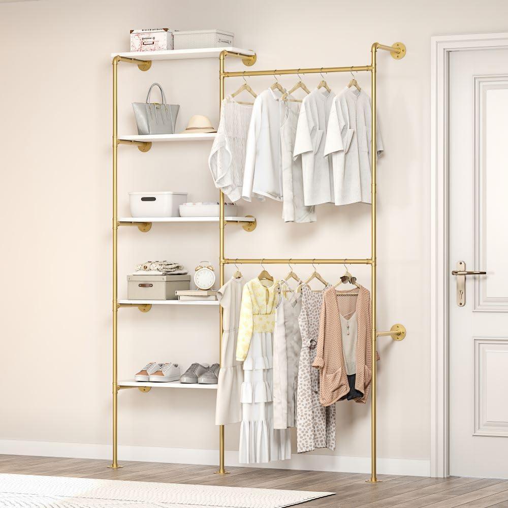 Industrial Pipe Clothing Rack, Wall Mounted DIY Garment Rack with 2 Adjustable Rod & 5 Shelves, Heavy Duty Closet Organizers System in Wardrobe Closet, Gold (80"H x 55"W x 11.8D)