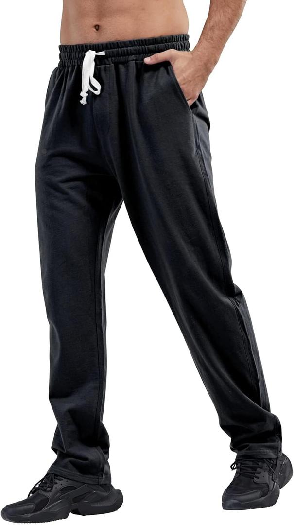 Mens Cotton Athletic Pants Open Bottom Running Sweatpants (Black, XXL)