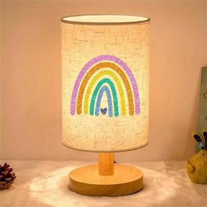 Rainbow Print Atmosphere Bedside Lamp LED Table Light with Fabric Linen Shade Colorful Desk Lamp for Kids Room, Living Room, College Dorm, Home, Office