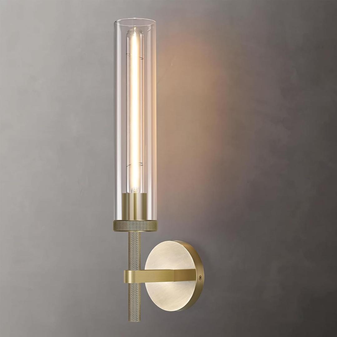 Modern Brass Hardwired Wall Sconces, 21'' Knurled Bathroom Wall Sconce, Indoor Wall Sconce,Copper and Tube Glass Vanity Light, for Living, Bedroom, Hallway, Staircases, Include Bulbs