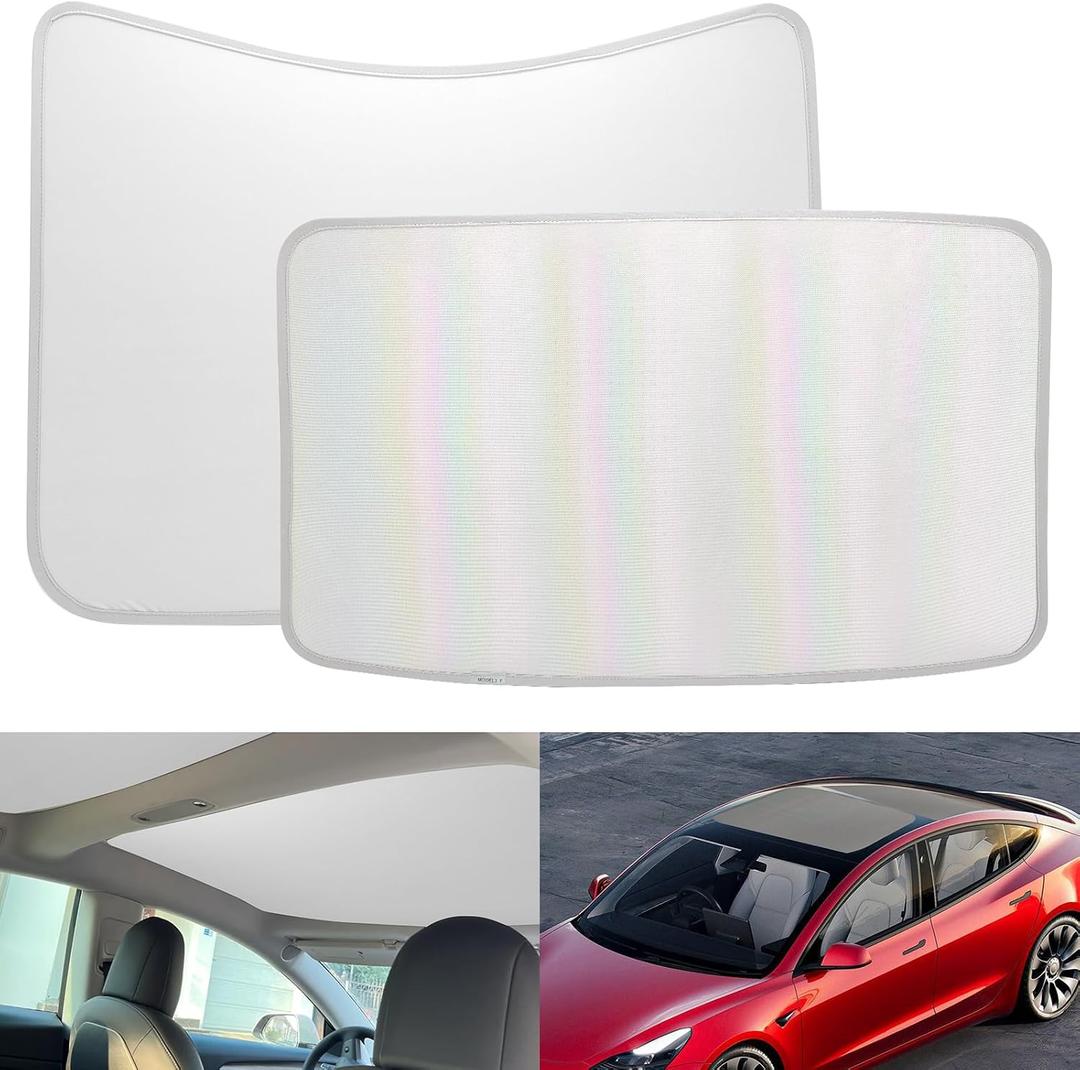 [2024 Upgrade] Sunshade Roof for Tesla Model 3 2024 Colorful Ice Crystal Glass Roof Sunshade Sunroof No-Sag Design Retractable Sunshade Heat Insulation Roof Window Sun Protection Snap Foldable (White)