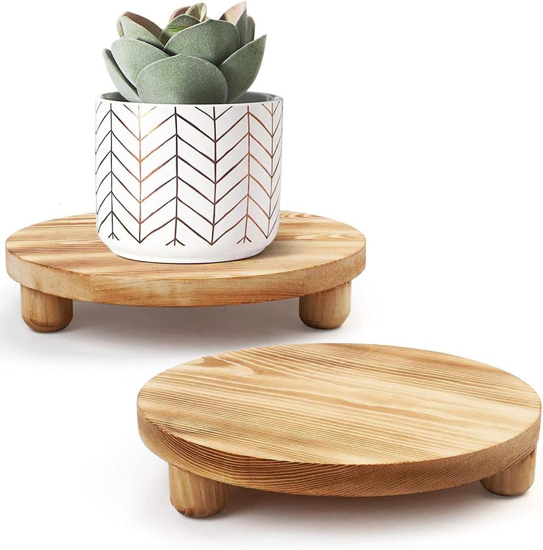 Wood Riser for Decor, 2 Pack Wood Pedestal Stand for Display, Round Wooden Tray for Kitchen Counter, Wooden Pedestal Stand for Plant Pot Indoor