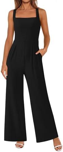 PRETTYGARDEN Summer Sleeveless Jumpsuits for Women Dressy Square Neck Wide Leg Pants Knit One Piece Rompers Fashion Clothing M