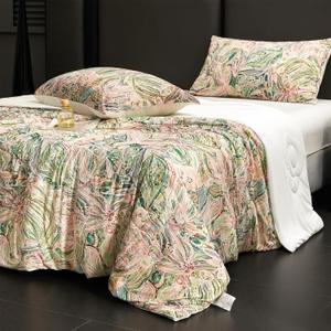 Cyusri Floral Print Cooling Comforter Set 3Pcs Breathable Cool Queen Size Bedding Set with 2 Pillowcases Green Pink Flowers Pattern Silky Cold Quilt, 90"x90"
