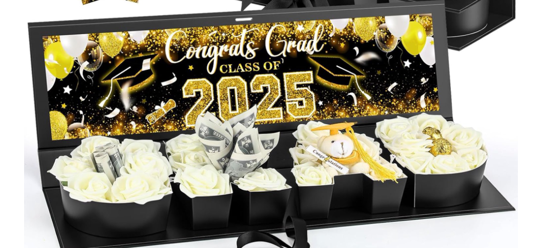 AmazingSpark Graduation Gift Box for Flowers with Congrats Grad Class of 2025 Sticker,Fillable Cardboard Letter Grad Box with Ribbon for Bouquet Chocolate Candy Snack Graduation Party Favor(Gold)