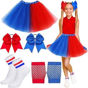 Newcotte Set of 4 Halloween Clown Costume for Girls Include Tutu Skirt with Hair Bow Fishnet Gloves and Striped Soccer Socks