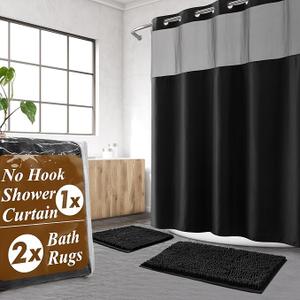 3 Pcs No Hook Beige Shower Curtain Set with Chenille Bath Rugs - 71" x 74" Shower Curtain with Snap-in Fabric Liner & Non-Slip Water Absorbent Bathroom Mats Set Accessories Black 3 Pcs No Hook Beige Shower Curtain Set with Chenille Bath Rugs - 71" x 74" Shower Curtain with Snap-in Fabric Liner & Non-Slip Water Absorbent Bathroom Mats Set Accessories Black