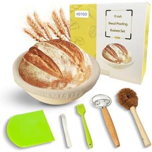 Keygo Bread Proofing Basket Set, 9 Inch Round Sourdough Banneton Basket with Linen Liner, Plastic Scraper, Scoring Cutter for Bread Making Tools Supplies (Round 9'')