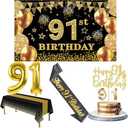 91st Birthday Decorations Men Women with 91st Birthday Banner, Black and Gold Table Cloth, Number Balloons, Large Sash, Cake Topper and Candles