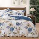 Botanical Comforter Queen Size Set  100% Cotton Fabric Shell, Navy Blue & Yellow Floral Bedding, Soft&Breathable All Season Down Alternative, Reversible, 3 Pcs (1 Comforter, 2 Pillow Shams)
