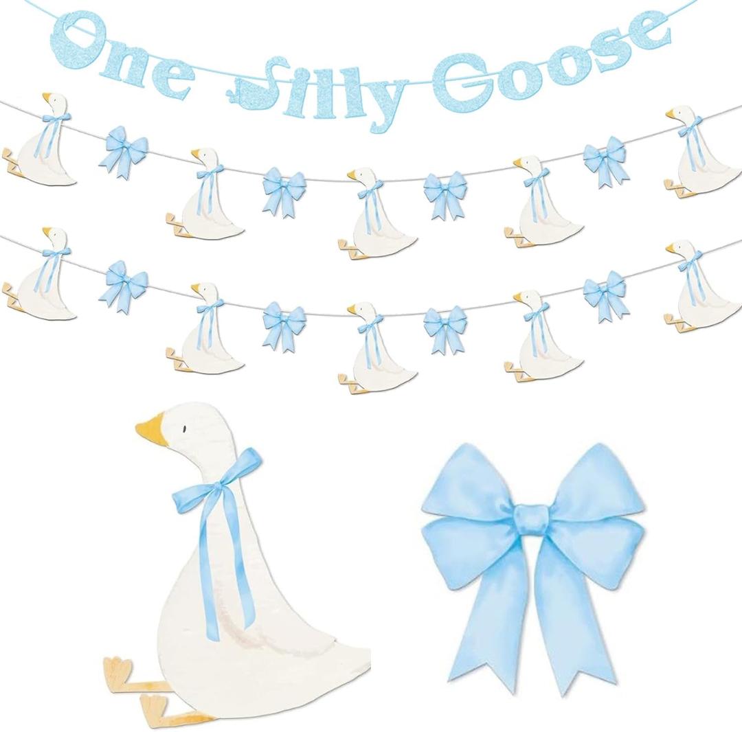 3 x 3 Set One Silly Goose Banner, One Silly Goose Birthday Decorations Boy Baby Shower themed for Goose Party Decor Supplies (Blue)