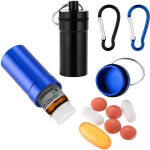 Keychain Pill Holder for Nitroglycerin, 2 Pack Waterproof Portable Travel Purse Pocket Pill Case, Keychain Mini Fob Container for 25ct Nitro/Nitroglycerin Bottle (Black + Blue)