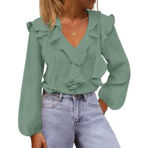 MEROKEETY Womens Spring Summer Long Sleeve Ruffle Blouse 2026 Dressy Casual Top V Neck Trendy Work Business Work Shirts (Green, S)