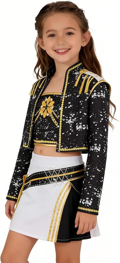 Girls' Costume Set, K-pop Black Gold Stage Outfit Set Performance Accessories, 120 Size