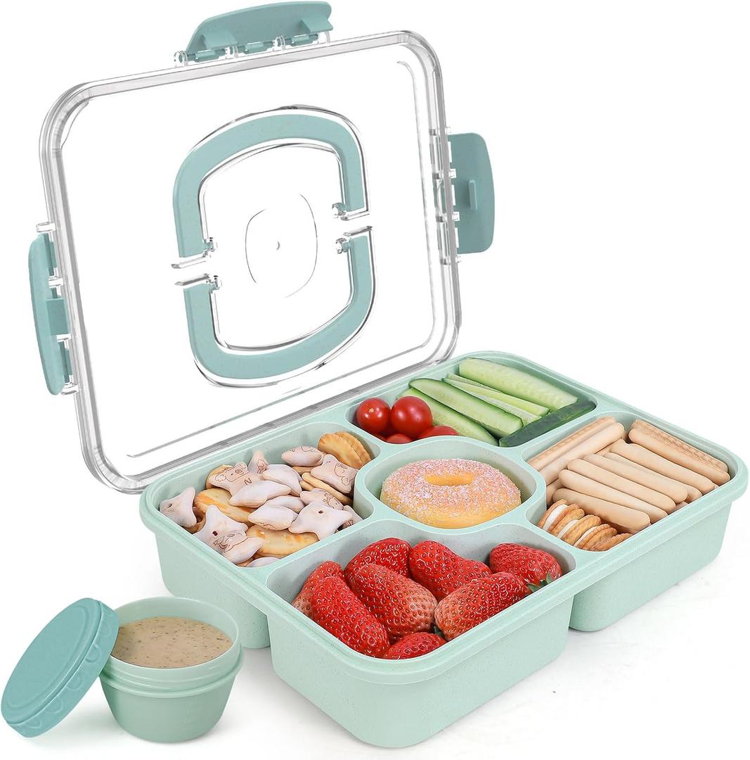 Large Snackle Box Container with Dip Container, 5 Compartments Snack Container with Lid and Handle, Veggie Fruit Divided Serving Tray for Party, Picnic, Dishwasher Safe, BPA-Free