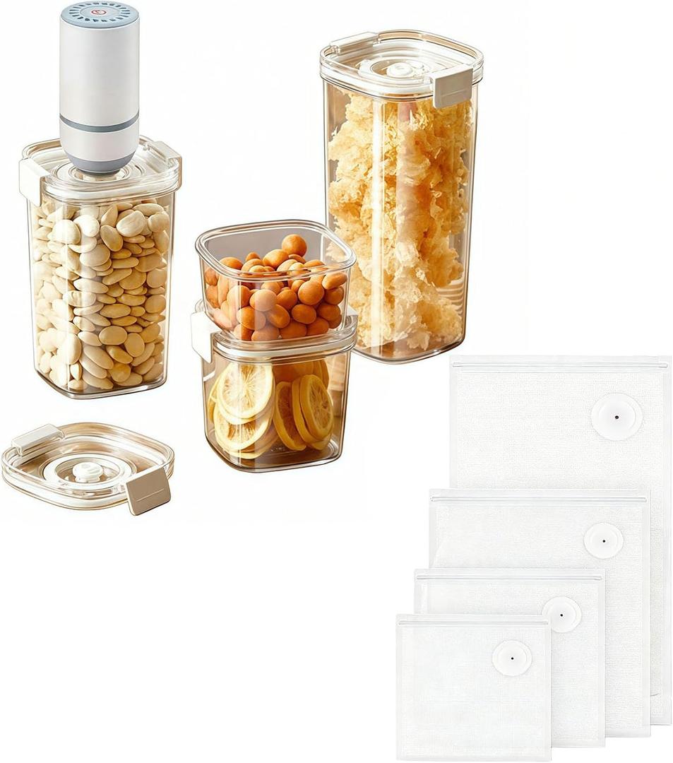 Vacuum Container,Vacuum Seal Containers,4pcs Airtight Food Storage Containers with Lids,4pcs Food Vacuum Bags/ 1pc Automatic Pump,for Kitchen and Pantry Organization (Rectangula)