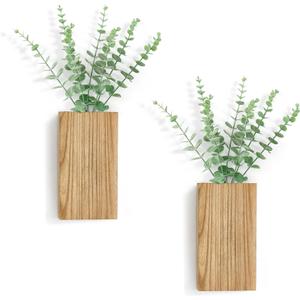 Dahey 2 Pack Wood Wall Planter Vase with Artificial Eucalyptus Farmhouse Wall Hanging Decor Pocket Planter for Indoor Fake Plants Greenery Flowers, livingroom Bedroom Kitchen Home Office Decoration