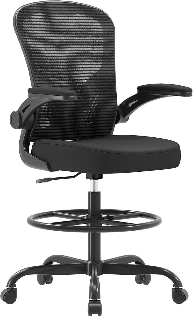 Ergonomic Drafting Chair, Tall Office Chair with Flip-up Armrests, Breathable Mesh High Desk Chair with Lumbar Support Adjustable Footrest Ring for Standing Desk Black, 25 inches x 20.5 inches x 50.6 inches