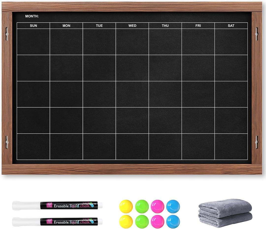 2-in-1 Double-Sided Magnetic Chalkboard 24"x16", Chalk Calendar Board & Large Blackboard for Kitchen & Home Decor, Schedule, Menu, Back-to-School Gift - Hanging Chalk Board with 2 Liquid Pens, Brown