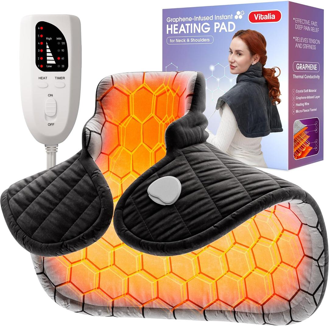 Graphene-Infused Heating Pad for Fast Pain Relief, Weighted Instant Heating Pads for Neck and Shoulders, Heated Wrap w/ 6 Heat Options 4 Auto-Off Timer, Soft Flannel Design, Perfect Gift for Birthday