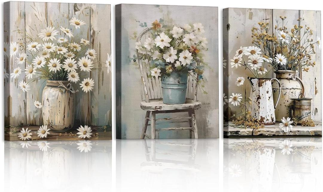 MotiMind 3 Pcs Daisy Bathroom Wall Decor Rustic Farmhouse Pictures Wall Decor Canvas Soothing Calming Nature Botanical Vintage Floral Country Prints Spring Summer for Bedroom 9. 84x7. 87''