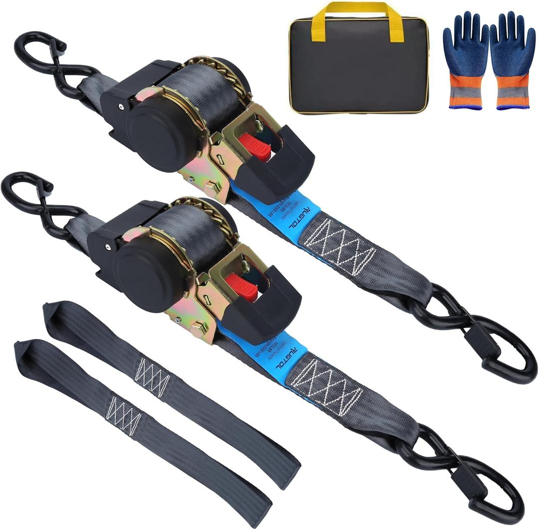Rugtol Retractable Ratchet Straps, 2 inch x 13 Feet Heavy Duty Auto Self Retracting Ratchet Strap 3306 lb Break Strength, Tie Down Quick Easy Retract Strap for Truck Motorcycle Cargo Trailer, 2 Pack