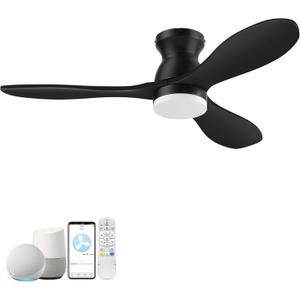 42" Wood Ceiling Fans with Lights, Smart Control by Remote Alexa APP,Quiet DC Motor,Modern Flush Mount Hugger Ceiling Fan for Low Profile Bedroom,Patio,Outdoor Indoor,Matte Black,Dim,6 Speed,3 Blade