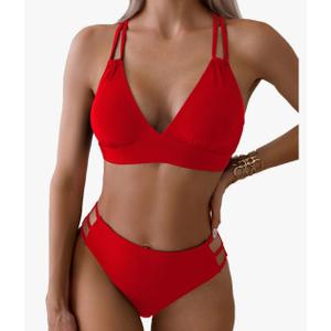 Tainehs Women's Push Up V Neck Bikini Sets Criss Cross Back Two Piece Bathing Suit Red, Medium