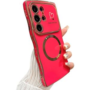 for Samsung Galaxy S22 Ultra Case Magnetic,for Women Girls Soft Cute Wave Frame Curly Shape Love Heart Luxury Plating Phone Case Compatible with MagSafe Shockproof Back Cover 6.8"-Hot Pink