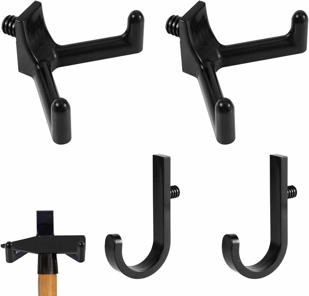 4pcs Tool Hooks for Suncast Shed, Single-Head J Hook and Double-Head Hook Set Premium Storage Sheds Tool Hangers Organization Accessories for Hanging Shovels Rakes Scissors Tools (Black)