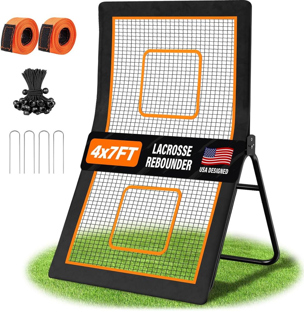 Lacrosse Rebounder, 4x7FT Bounce Back Net with 5 Adjustable Rebound Angles & 2 Target Stripes, Lacrosse Rebound Net Perfect for Lax Volleyball Baseball Soccer Practice Backyard