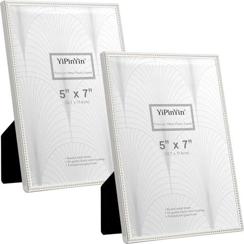 YiPinYin 5x7'' Silver Metal Picture Frames Set of 2,Elegant Beaded Wedding Photo Frames with Real Glass & Velvet Backing for Home Decor,Tabletop or Wall Mount