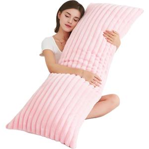 Memfydu Full Body Pillow with Fluffy Stripe Faux Fur Removable Cover, Long Bed Pillow Adult 20x54 Inches for Side Sleeper and Pregnancy, Pink.