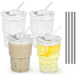 15 oz Plastic Iced Coffee Cups with Lids and Straws Set of 4, Unbreakable Drinking Glasses Reusable Iced Coffee Glass to Go Cup for Matcha Tea Smoothie Juice Cup Dishwasher Safe (Clear-4 Pack)