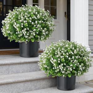 Artificial Eucalyptus with Baby's Breath Topiary Ball Trees - 2 Set Plastic Faux Eucalyptus Plants in Pot, Sun Resistant Fake Greenery Potted Bushes for Front Door Farmhouse Garden Porch Decor