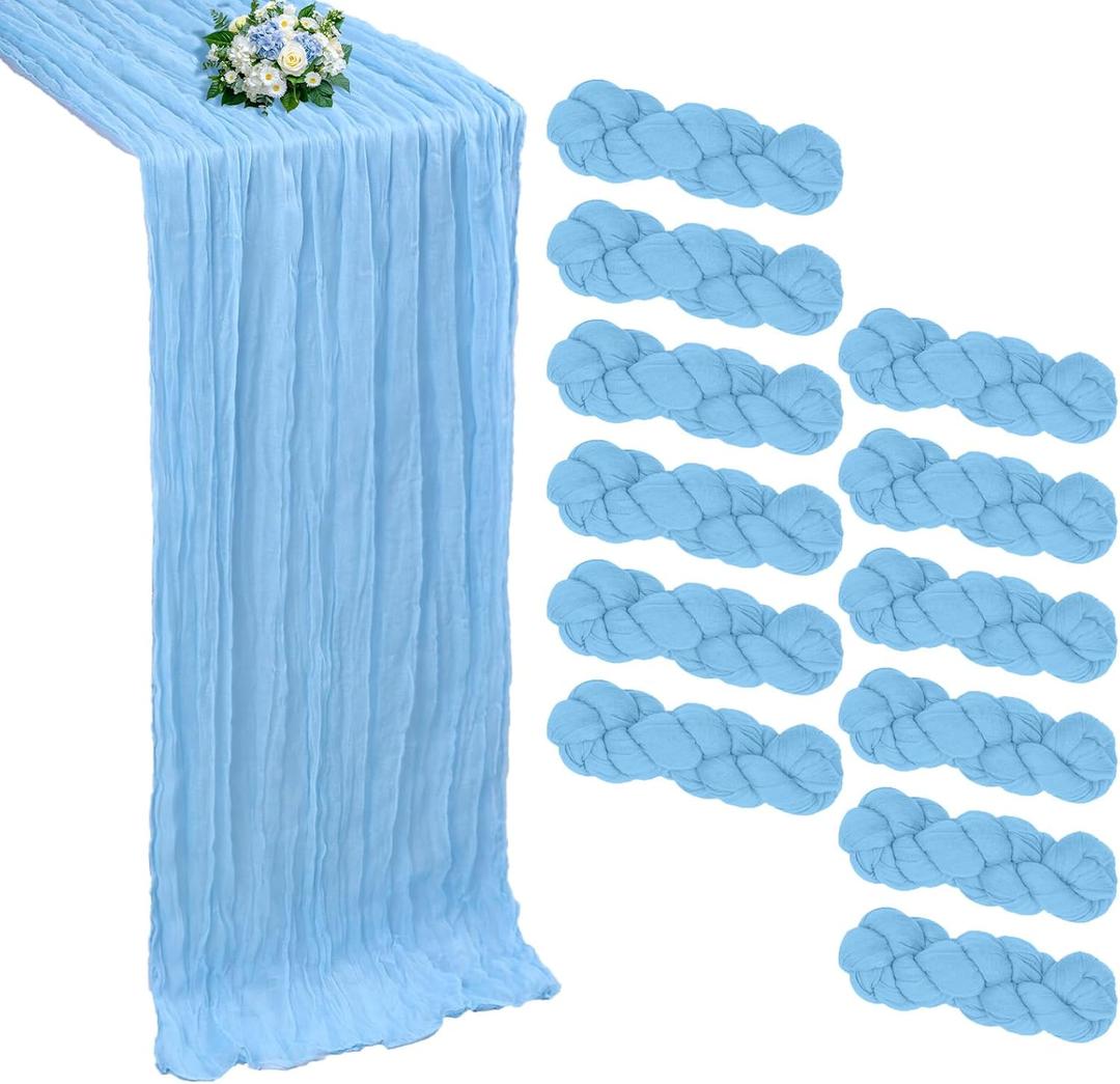 12 Pack Baby Blue Cheesecloth Table Runner 10FT Boho Cheese Cloths Gauze Fabric Table Runners 120 Inch Rustic Sheer for Spring Wedding Birthday Party Baby Shower Holiday Home