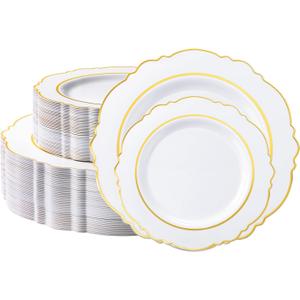 realluck 100PCS White and Gold Plastic Plates, Elegant Baroque Gold Rim Disposable Plates - 50 Dinner & 50 Dessert Plates, fancy plastic plates for Wedding, Anniversary