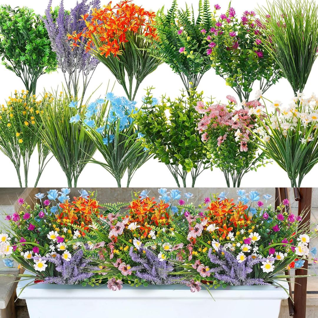 Hotop 36 Bundles Artificial Plants Flowers for Outdoor UV Resistant Greenery & Fake Wildflowers Faux Plastic Plant No Fade for Hanging Planter Porch Window Home Wedding Summer Decor(Bright Colors)