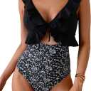 Eomenie One Piece Swimsuit for Women Tummy Control Ruffle Bathing Suit V Neck Ruched Swim Suit Slimming Cutout Swimwear, Small 