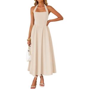 ZESICA Women's Summer Sleeveless Halter Midi Dress 2025 Off Shoulder High Waist Swing Flowy Beach Long Dresses (Apricot) S 