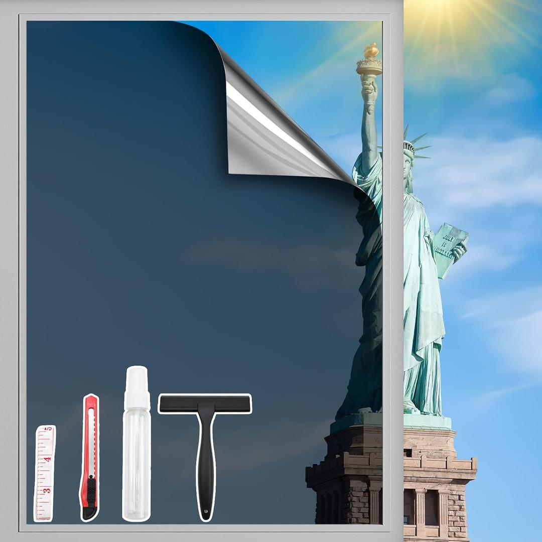 One Way Privacy Window Film with 4 Tools, Static Cling Window Film, Simple to Install Cut and Remove, UV Blocking Heat Control, Light Blocking for Home Office Windows(Black-Silver-35.43Inch×78.7Inch)
