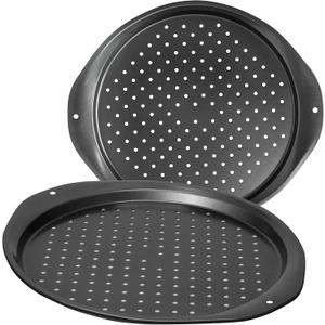 Pizza Pan 14-Inch Non-Stick Large with Perforated Round Carbon Steel Pizza Baking Pan, suitable for home and restaurant use. 2-Piece,Pizza Tray - Dishwasher Safe (Dark gray) (Black)