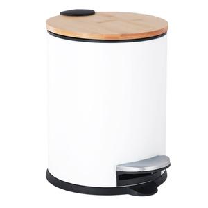 Mini Trash Can with Bamboo Lid Soft Close and Foot Pedal, 0.8Gal/3L Tiny Round Trash Can with Removable Plastic Inner Wastebasket for Bathroom, Bedroom, Powder Room, Office, Desk, Car, White